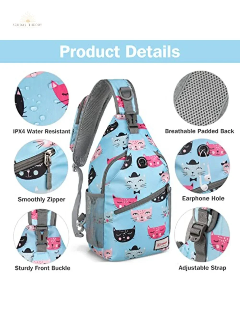 Water Resistant Nylon Sling Bag Crossbody Backpack with Adjustable Strap for